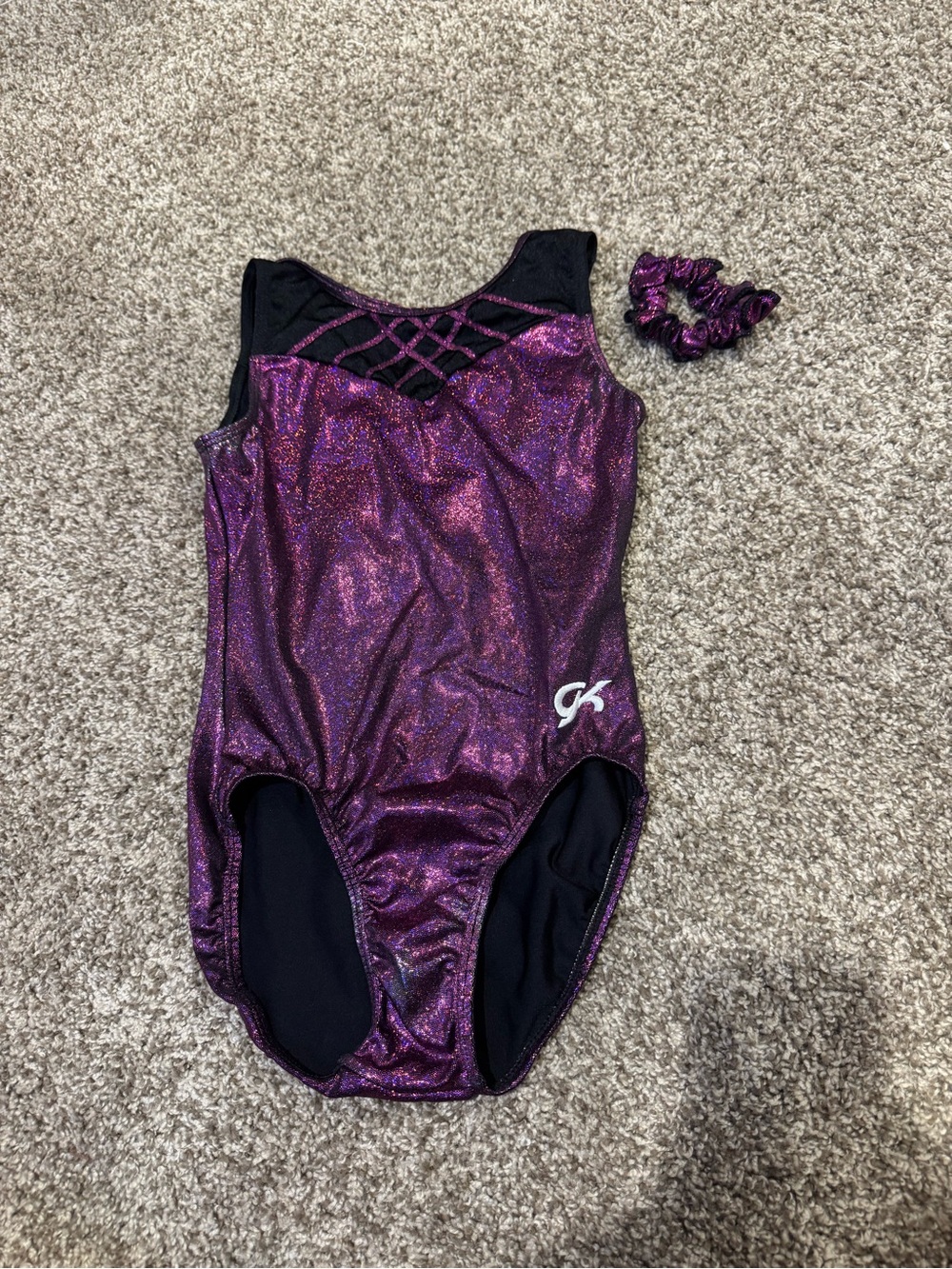 GK Girls Sparkle Purple Gymnastics leotard with Scrunchie